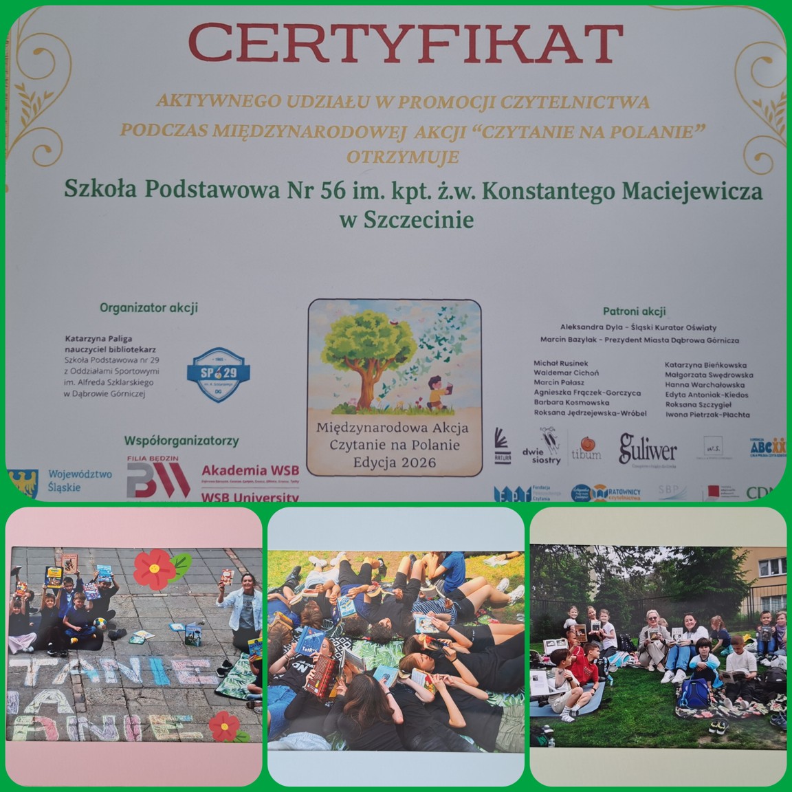 Szkoła SP 56 otrzymała Certyfikat Aktywnego Udziału w Promocji Czytelnictwa